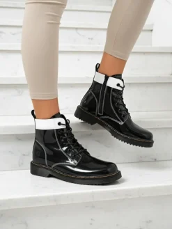 Hot Damskie botki z ekologicznej skóry lakierowanej Echo Dust Botki Bez Ocieplenia|Botki Sznurowane