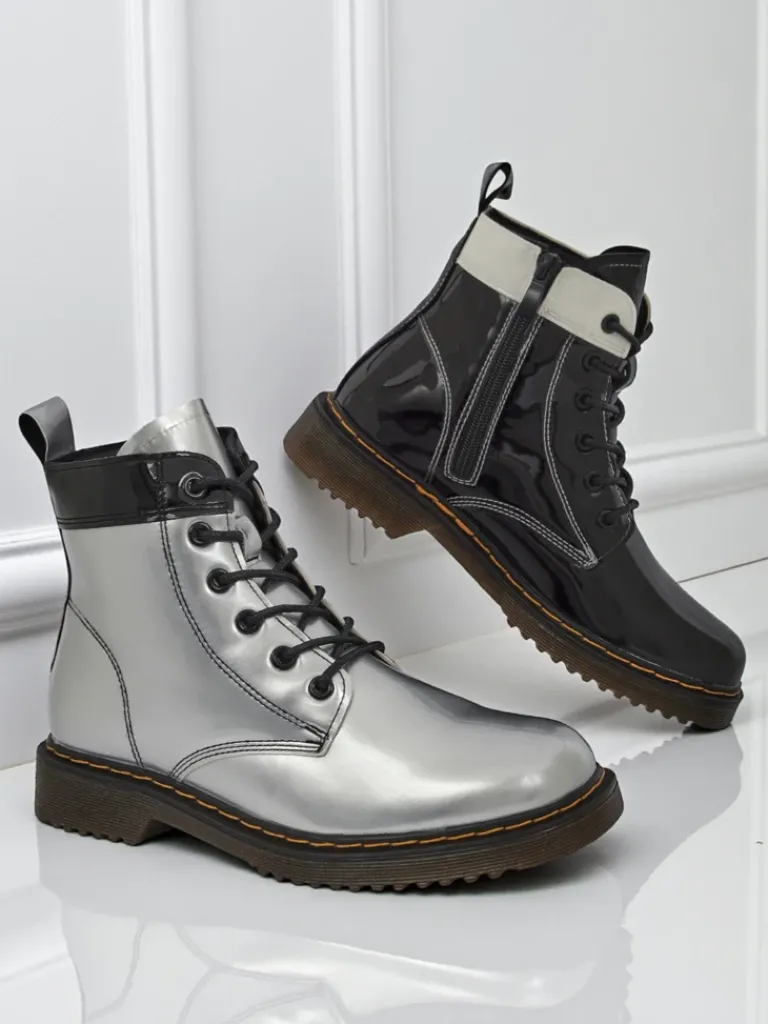 Hot Damskie botki z ekologicznej skóry lakierowanej Echo Dust Botki Bez Ocieplenia|Botki Sznurowane