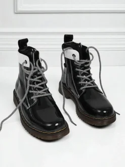 Hot Damskie botki z ekologicznej skóry lakierowanej Echo Dust Botki Bez Ocieplenia|Botki Sznurowane