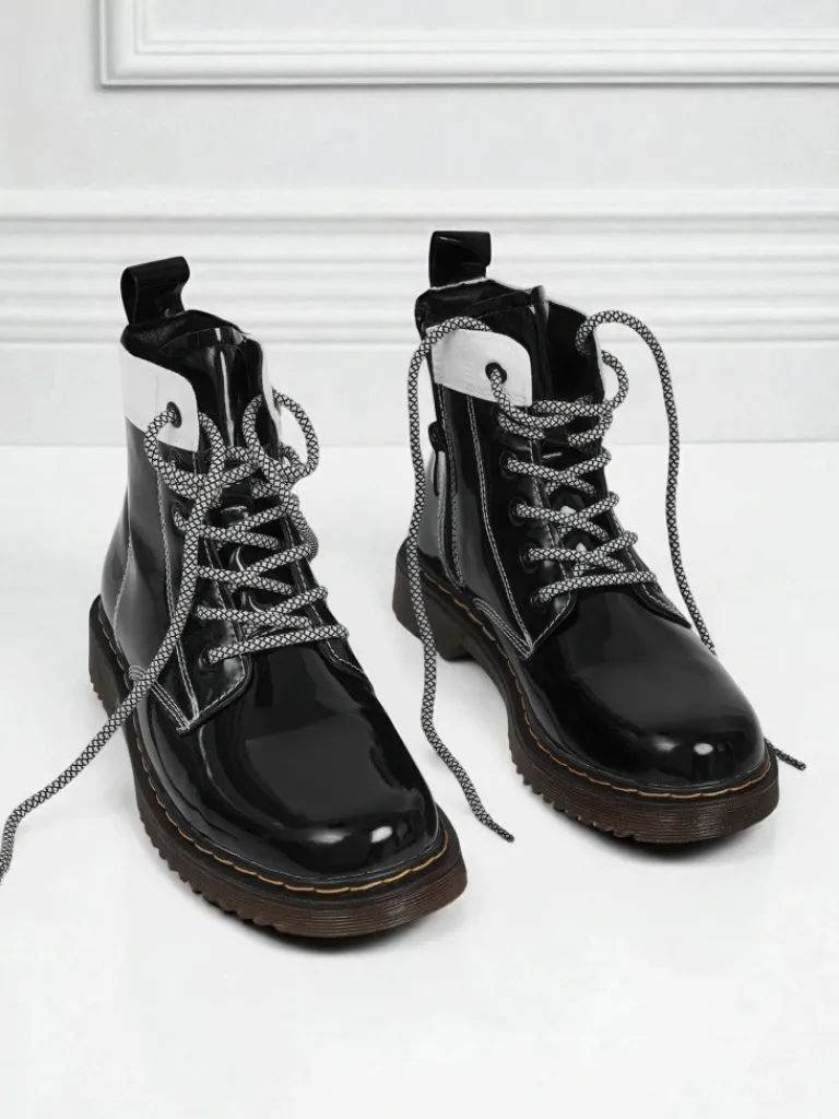 Hot Damskie botki z ekologicznej skóry lakierowanej Echo Dust Botki Bez Ocieplenia|Botki Sznurowane