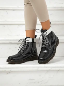 Hot Damskie botki z ekologicznej skóry lakierowanej Echo Dust Botki Bez Ocieplenia|Botki Sznurowane