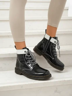 Hot Damskie botki z ekologicznej skóry lakierowanej Echo Dust Botki Bez Ocieplenia|Botki Sznurowane