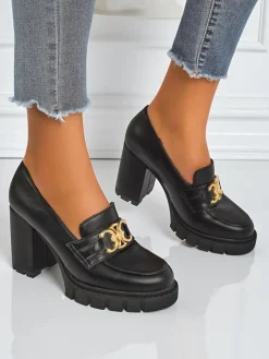 Hot Damskie czółenka Nero Aurora na słupku ze złotą klamrą, skóra eko Półbuty|Mokasyny Na Obcasie