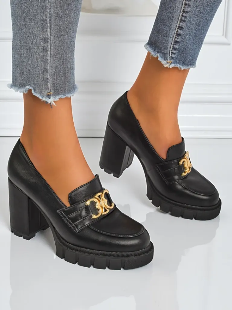 Hot Damskie czółenka Nero Aurora na słupku ze złotą klamrą, skóra eko Półbuty|Mokasyny Na Obcasie