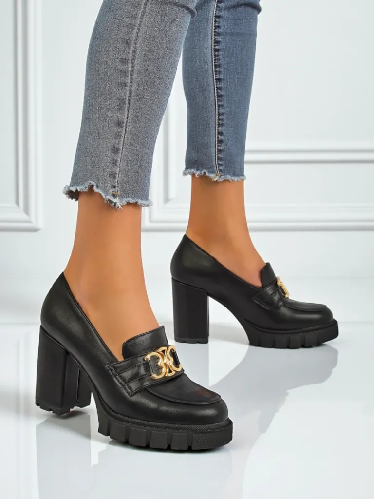 Hot Damskie czółenka Nero Aurora na słupku ze złotą klamrą, skóra eko Półbuty|Mokasyny Na Obcasie