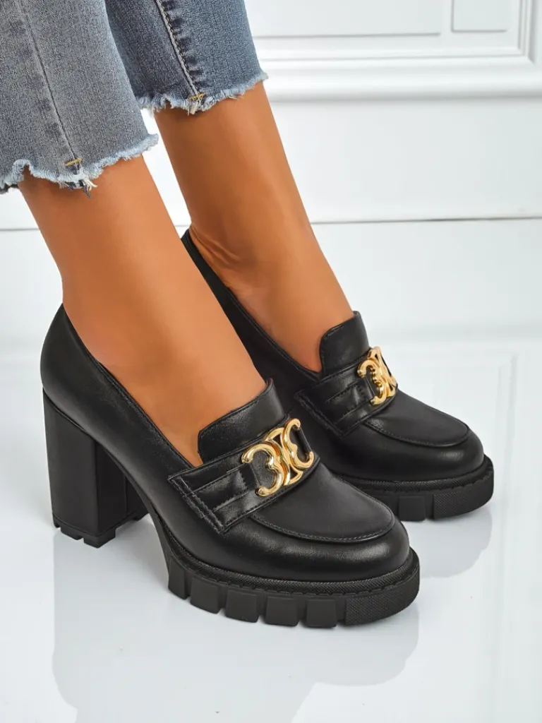 Hot Damskie czółenka Nero Aurora na słupku ze złotą klamrą, skóra eko Półbuty|Mokasyny Na Obcasie