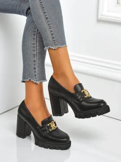 Hot Damskie czółenka Nero Aurora na słupku ze złotą klamrą, skóra eko Półbuty|Mokasyny Na Obcasie