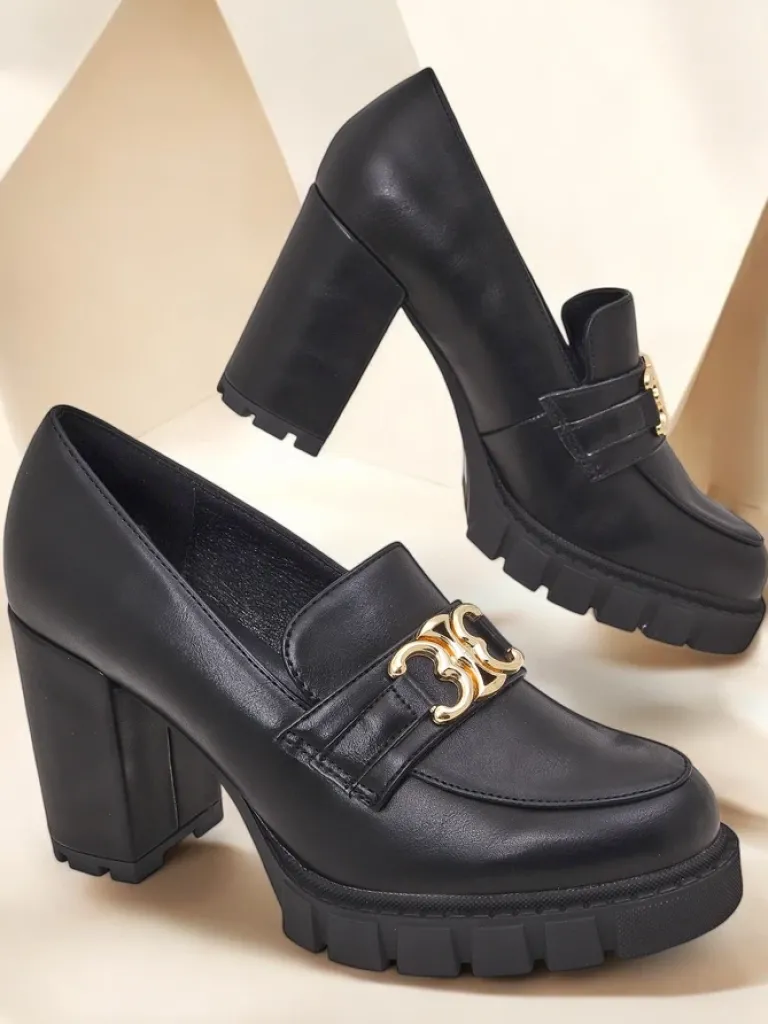 Hot Damskie czółenka Nero Aurora na słupku ze złotą klamrą, skóra eko Półbuty|Mokasyny Na Obcasie