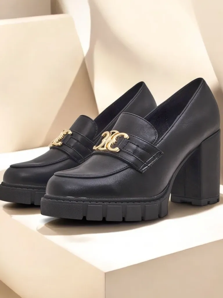 Hot Damskie czółenka Nero Aurora na słupku ze złotą klamrą, skóra eko Półbuty|Mokasyny Na Obcasie