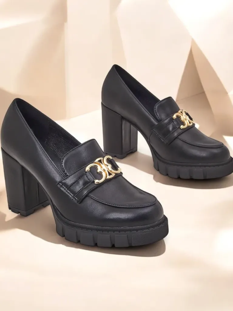 Hot Damskie czółenka Nero Aurora na słupku ze złotą klamrą, skóra eko Półbuty|Mokasyny Na Obcasie