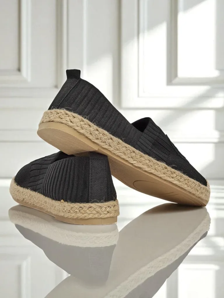 Best Damskie espadryle Atena czarne – płaski obcas, skóra ekologiczna zamszowa Espadryle Płaskie