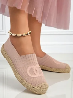 Clearance Damskie espadryle Theodora różowe z zamszowej skóry ekologicznej, płaskie Espadryle Płaskie