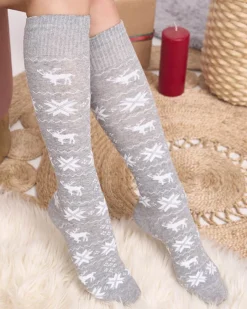 Discount Damskie jasnoszare długie świąteczne skarpety - Bielizna Skarpetki