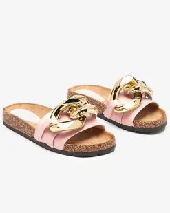 Damskie klapki Atalanta z łańcuchem – jasnoróżowe skóra eko Klapki Płaskie