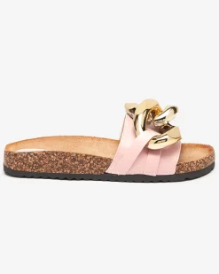 Damskie klapki Atalanta z łańcuchem – jasnoróżowe skóra eko Klapki Płaskie