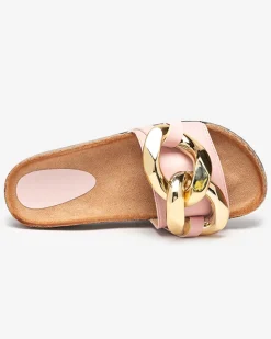 Damskie klapki Atalanta z łańcuchem – jasnoróżowe skóra eko Klapki Płaskie