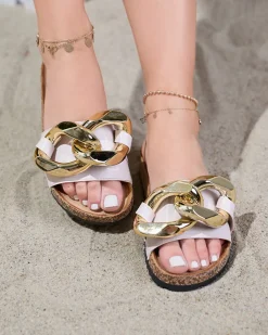 New Damskie klapki Coralia ecru na platformie z łańcuchem Klapki Płaskie