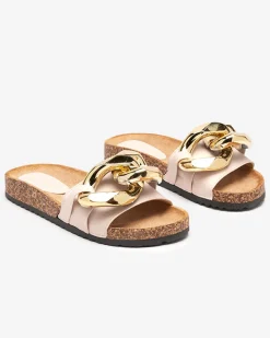 New Damskie klapki Coralia ecru na platformie z łańcuchem Klapki Płaskie