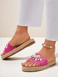 Damskie klapki Callista Fuksja na platformie z muszelkami Klapki Płaskie