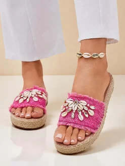 Damskie klapki Callista Fuksja na platformie z muszelkami Klapki Płaskie