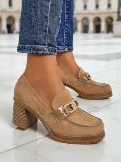 Hot Damskie Loafers Perseida – jasnobrązowe zamszowe na słupku eleganckie Mokasyny Na Obcasie