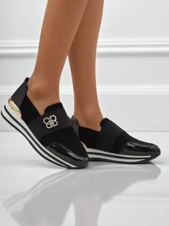 New Damskie slip-ony Elektra Nero ze złotym akcentem, skóra ekologiczna, 3,5cm Półbuty