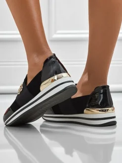 New Damskie slip-ony Elektra Nero ze złotym akcentem, skóra ekologiczna, 3,5cm Półbuty