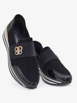 New Damskie slip-ony Elektra Nero ze złotym akcentem, skóra ekologiczna, 3,5cm Półbuty