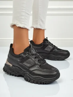 Outlet Damskie sneakersy Arete Nero na płaskim spodzie ze skóry ekologicznej Damskie Sneakersy