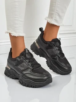 Outlet Damskie sneakersy Arete Nero na płaskim spodzie ze skóry ekologicznej Damskie Sneakersy