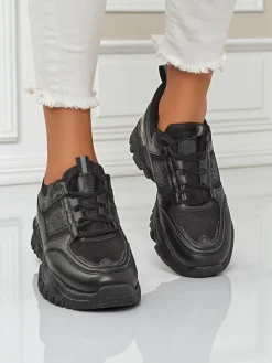 Outlet Damskie sneakersy Arete Nero na płaskim spodzie ze skóry ekologicznej Damskie Sneakersy