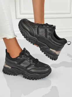 Outlet Damskie sneakersy Arete Nero na płaskim spodzie ze skóry ekologicznej Damskie Sneakersy