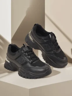 Outlet Damskie sneakersy Arete Nero na płaskim spodzie ze skóry ekologicznej Damskie Sneakersy