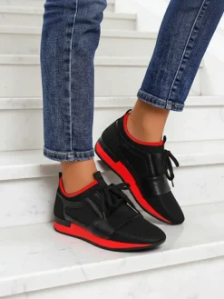 Clearance Damskie sneakersy Artemida Nero z tkaniny i ekoskóry z czerwonym akcentem Damskie Sneakersy