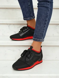 Clearance Damskie sneakersy Artemida Nero z tkaniny i ekoskóry z czerwonym akcentem Damskie Sneakersy