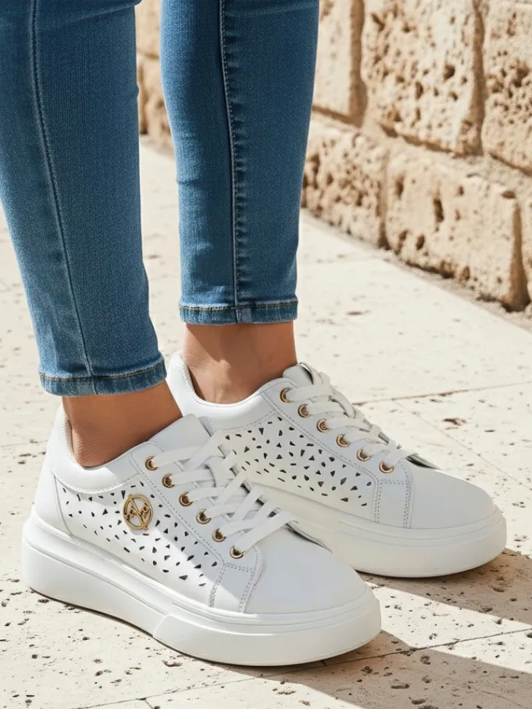 Online Damskie sneakersy Calista Bianco z eko skóry, ażurowe, wiosenne 4,5 cm Damskie Ugc|Sneakersy