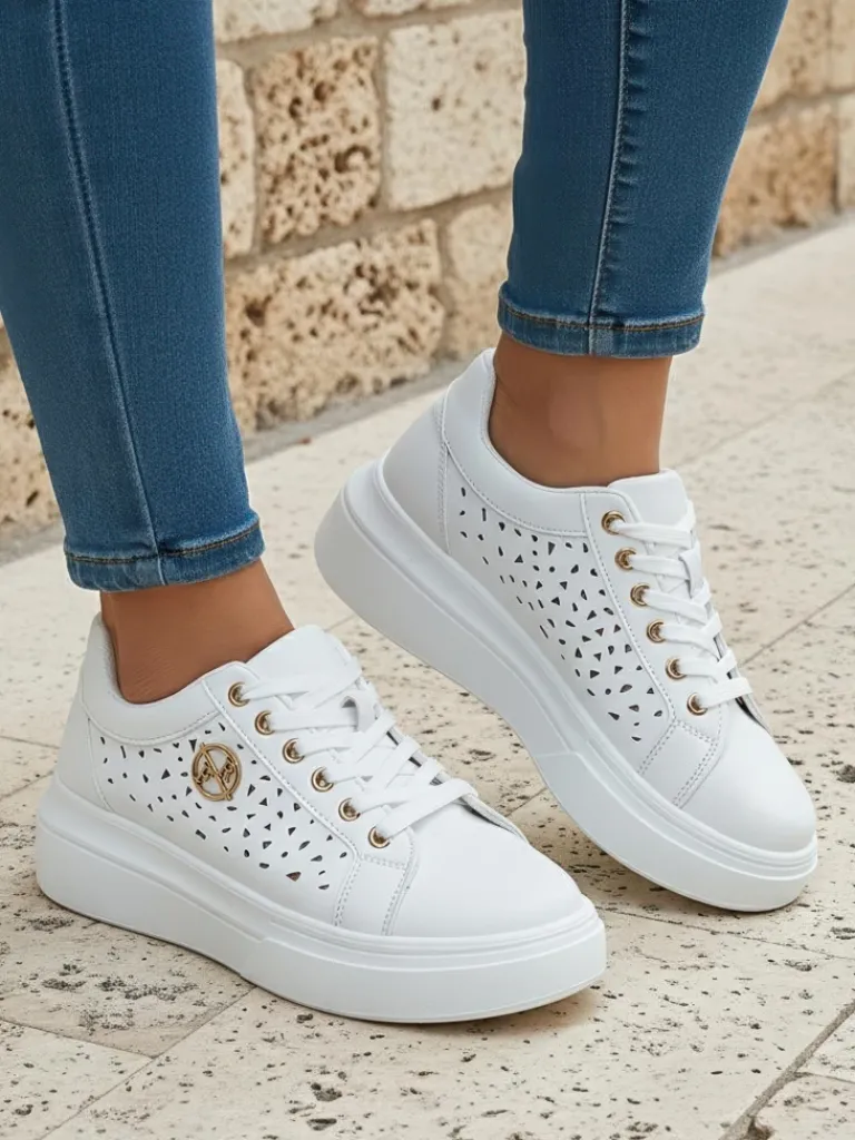 Online Damskie sneakersy Calista Bianco z eko skóry, ażurowe, wiosenne 4,5 cm Damskie Ugc|Sneakersy