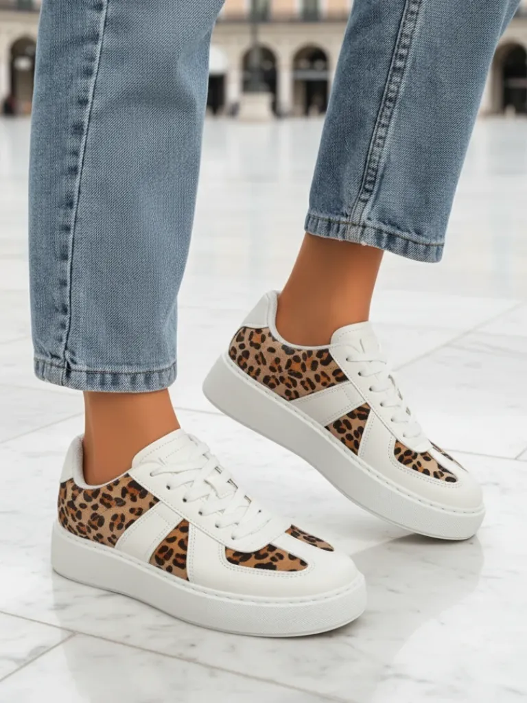 Clearance Damskie Sneakersy Calista Leopardia – Białe Skóra Eko Tkanina Wiosna 4cm Damskie Sneakersy
