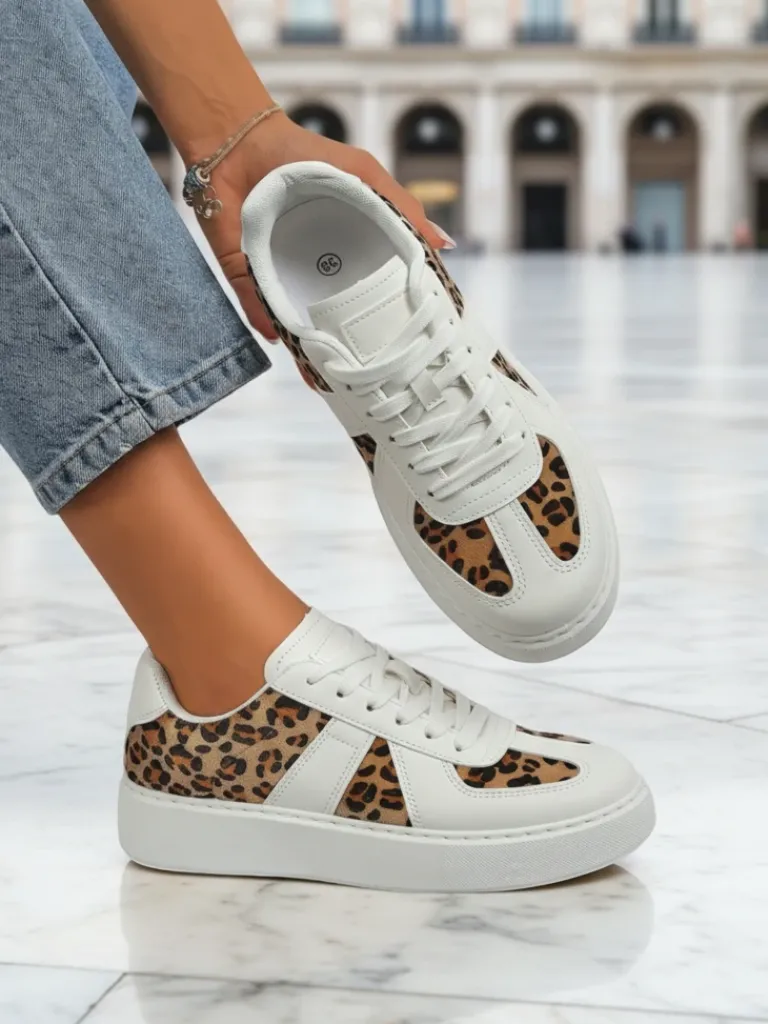 Clearance Damskie Sneakersy Calista Leopardia – Białe Skóra Eko Tkanina Wiosna 4cm Damskie Sneakersy
