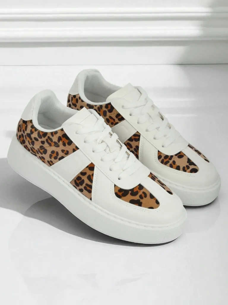 Clearance Damskie Sneakersy Calista Leopardia – Białe Skóra Eko Tkanina Wiosna 4cm Damskie Sneakersy