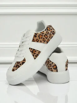 Clearance Damskie Sneakersy Calista Leopardia – Białe Skóra Eko Tkanina Wiosna 4cm Damskie Sneakersy