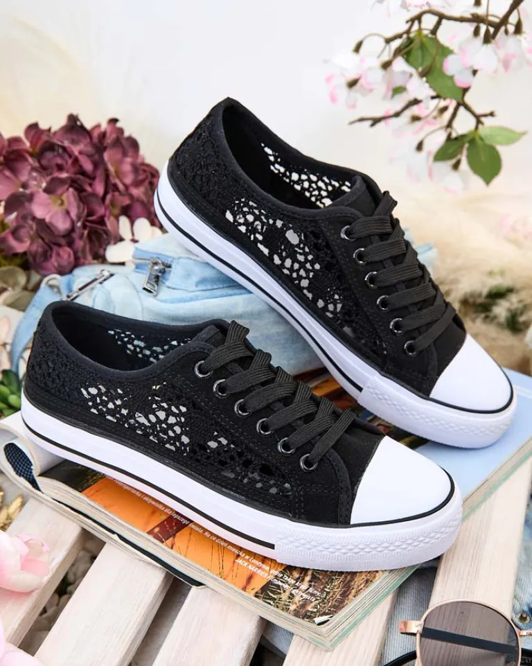 Outlet Damskie trampki Calista Nero z koronką, oddychające – kolekcja Lato/Wiosna Trampki