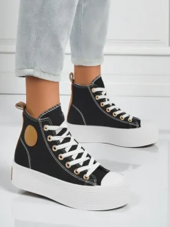 New Damskie trampki Callisto Nero na platformie, tkanina, czarne, lato/jesień Trampki