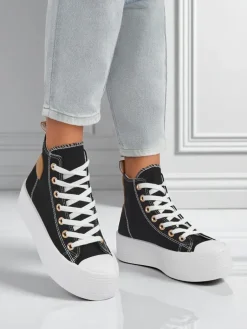 New Damskie trampki Callisto Nero na platformie, tkanina, czarne, lato/jesień Trampki