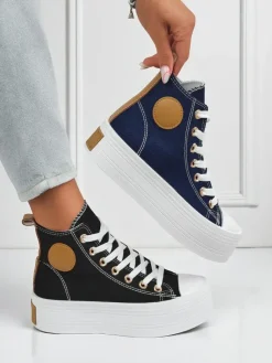 New Damskie trampki Callisto Nero na platformie, tkanina, czarne, lato/jesień Trampki