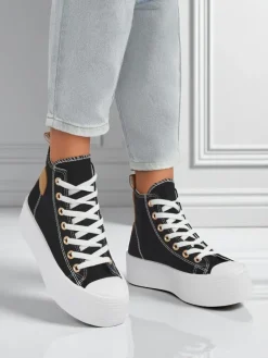 New Damskie trampki Callisto Nero na platformie, tkanina, czarne, lato/jesień Trampki