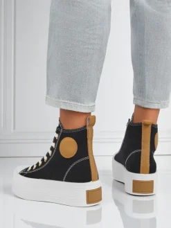 New Damskie trampki Callisto Nero na platformie, tkanina, czarne, lato/jesień Trampki