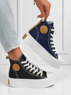 New Damskie trampki Callisto Nero na platformie, tkanina, czarne, lato/jesień Trampki