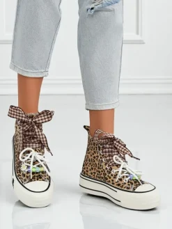 Sale Damskie trampki Leonora Leo brązowe na platformie – styl włoski, tkanina Trampki