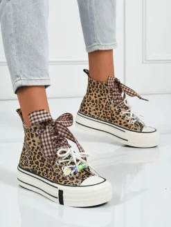 Sale Damskie trampki Leonora Leo brązowe na platformie – styl włoski, tkanina Trampki